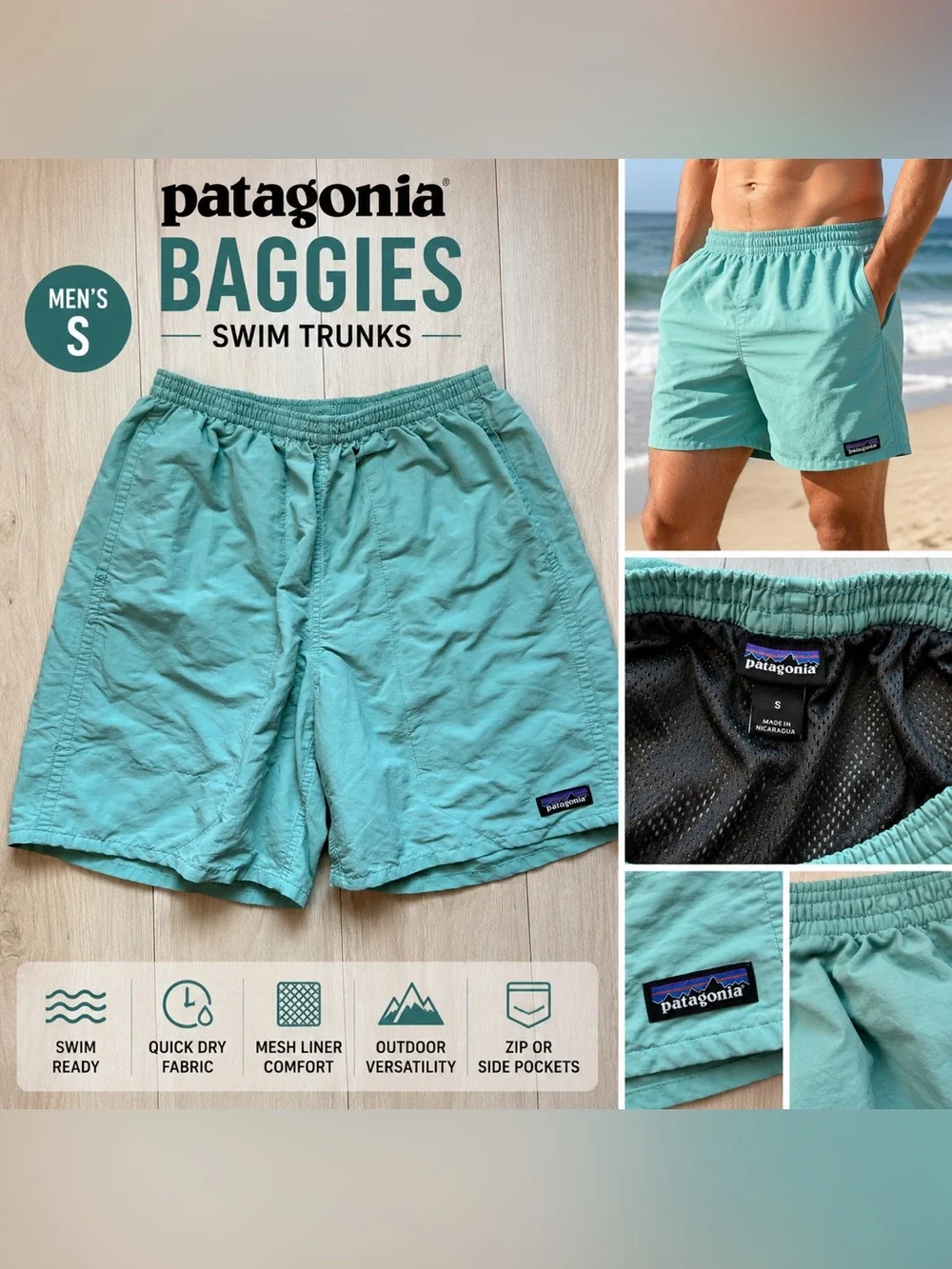 Patagonia Baggies Shorts Men’s Small Mint Green Lined Outdoor Hiking Swim trunks